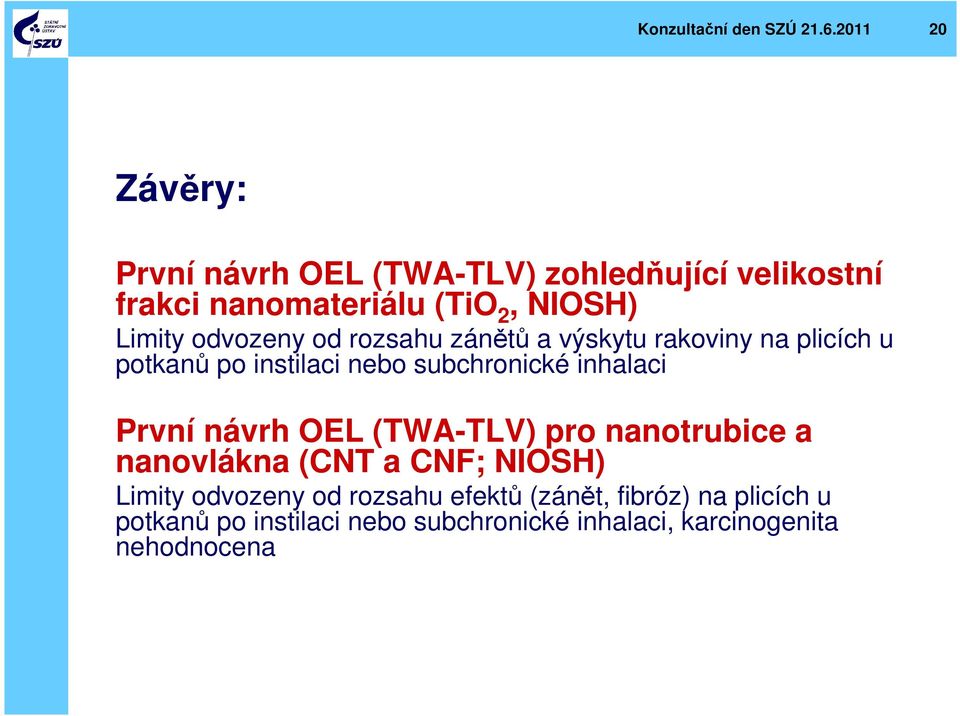 odvozeny od rozsahu zánětů a výskytu rakoviny na plicích u potkanů po instilaci nebo subchronické inhalaci První