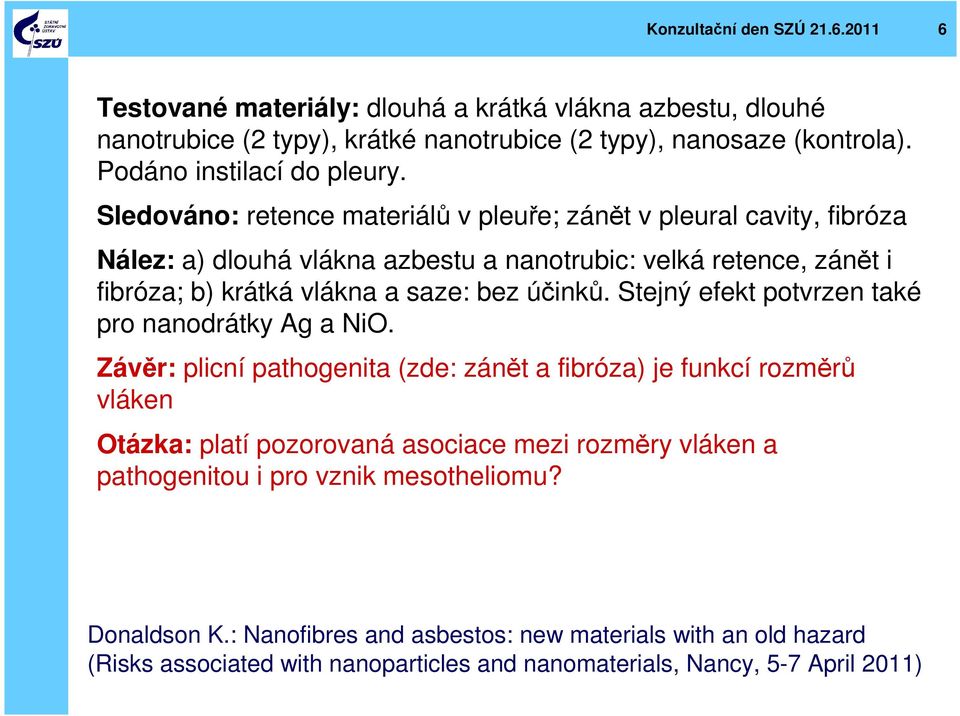 Sledováno: retence materiálů v pleuře; zánět v pleural cavity, fibróza Nález: a) dlouhá vlákna azbestu a nanotrubic: velká retence, zánět i fibróza; b) krátká vlákna a saze: bez účinků.