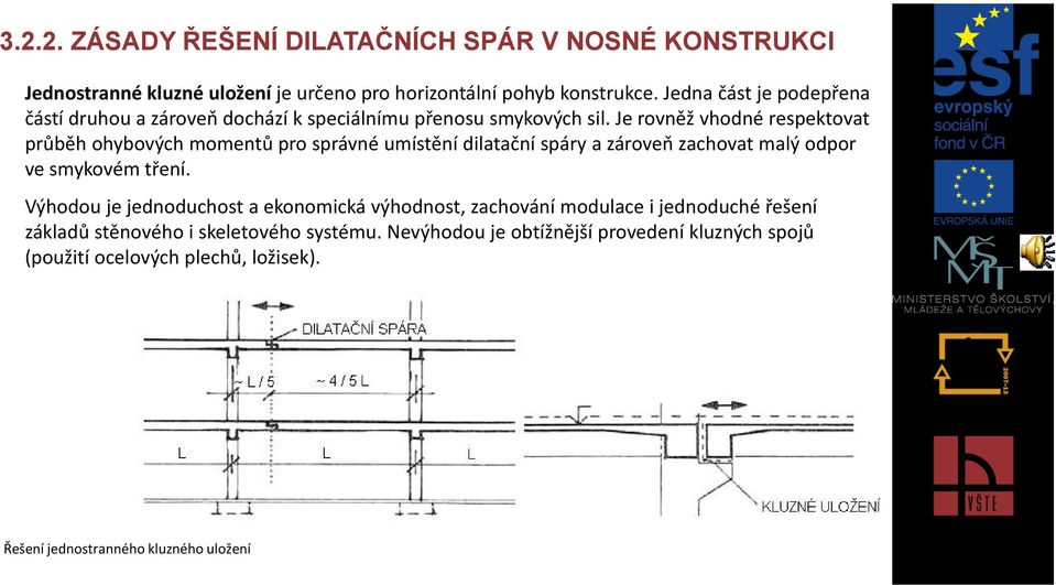 Je rovněž vhodné respektovat průběh ohybových momentů pro správné umístění dilatační spáry a zároveň zachovat malý odpor ve smykovém tření.