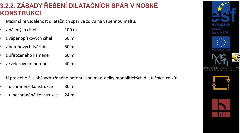 50 m z přirozeného kamene 60 m ze železového betonu 40 m U prostého či slabě vyztuženého betonu