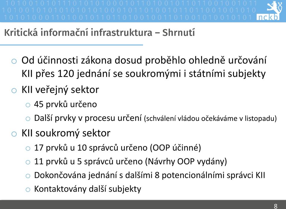 v listopadu) o KII soukromý sektor o 17 prvků u 10 správců určeno (OOP účinné) o 11 prvků u 5 správců