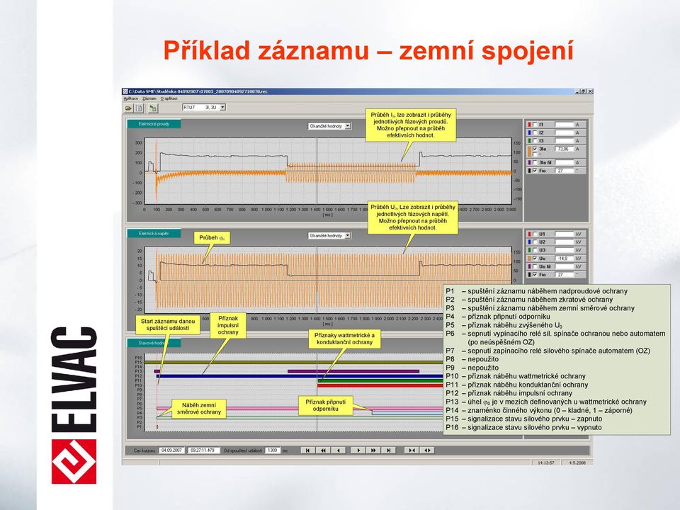 Start záznamu danou spuštěcí událostí Náběh zemní směrové ochrany Příznak impulsní ochrany Příznaky wattmetrické a konduktanční ochrany Příznak připnutí odporníku P1 spuštění záznamu náběhem