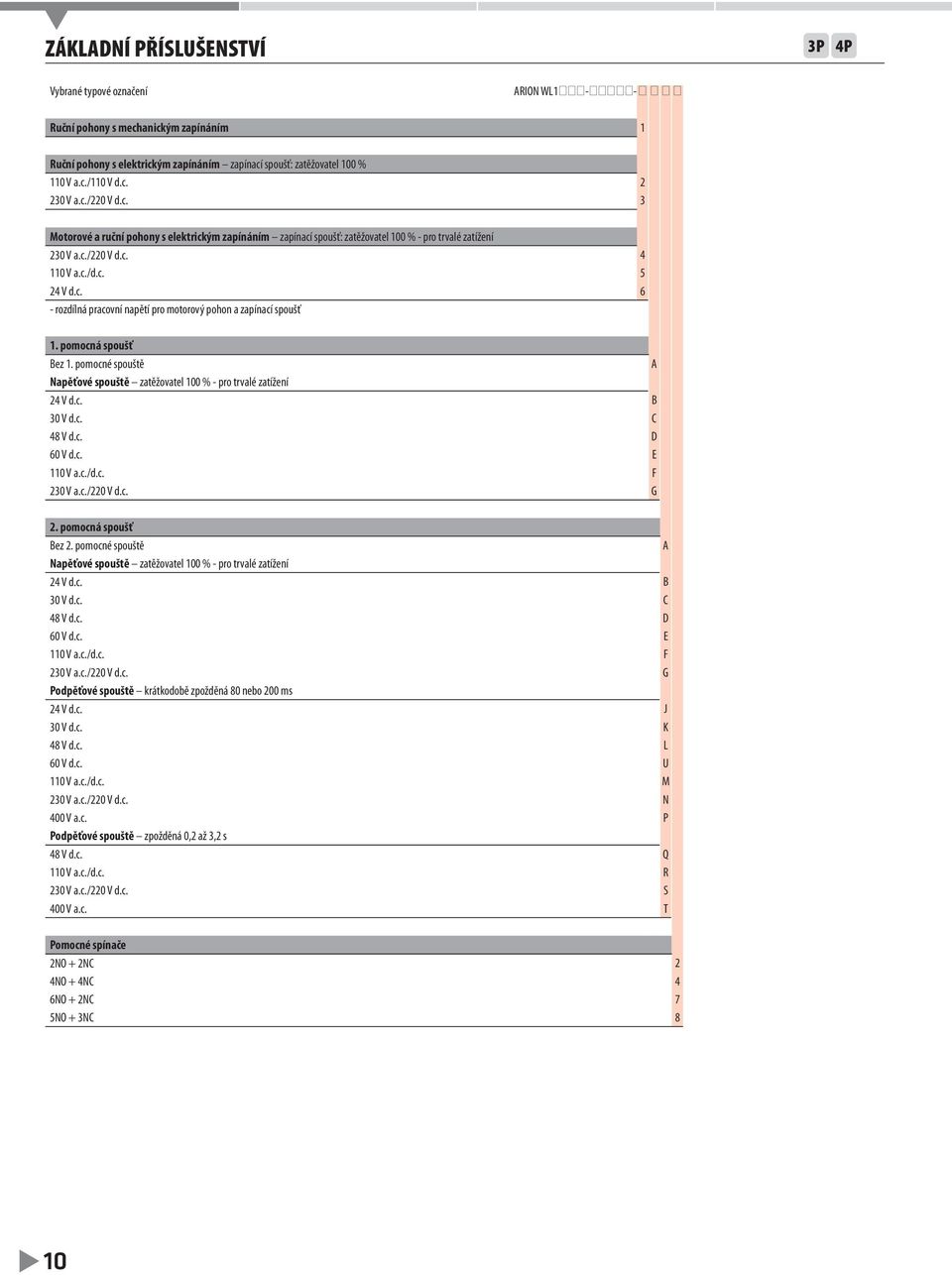 pomocná spoušť Bez 1. pomocné spouště A Napěťové spouště zatěžovatel 100 % - pro trvalé zatížení 24 V d.c. B 30 V d.c. C 48 V d.c. D 60 V d.c. E 110 V a.c./d.c. F 230 V a.c./220 V d.c. G 2.