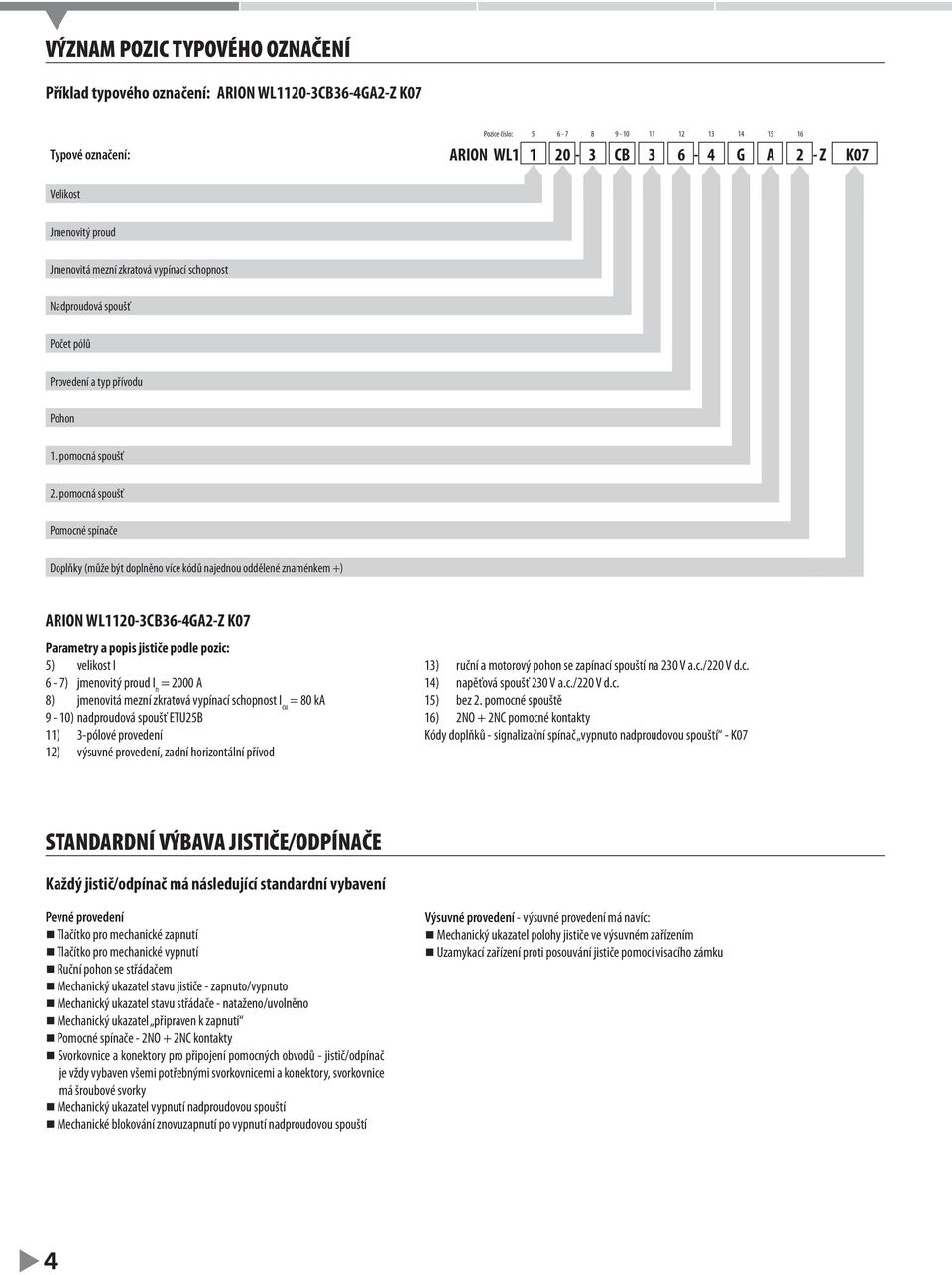 pomocná spoušť Pomocné spínače Doplňky (může být doplněno více kódů najednou oddělené znaménkem +) ARION WL1120-3CB36-4GA2-Z K07 Parametry a popis jističe podle pozic: 5) velikost I 6-7) jmenovitý