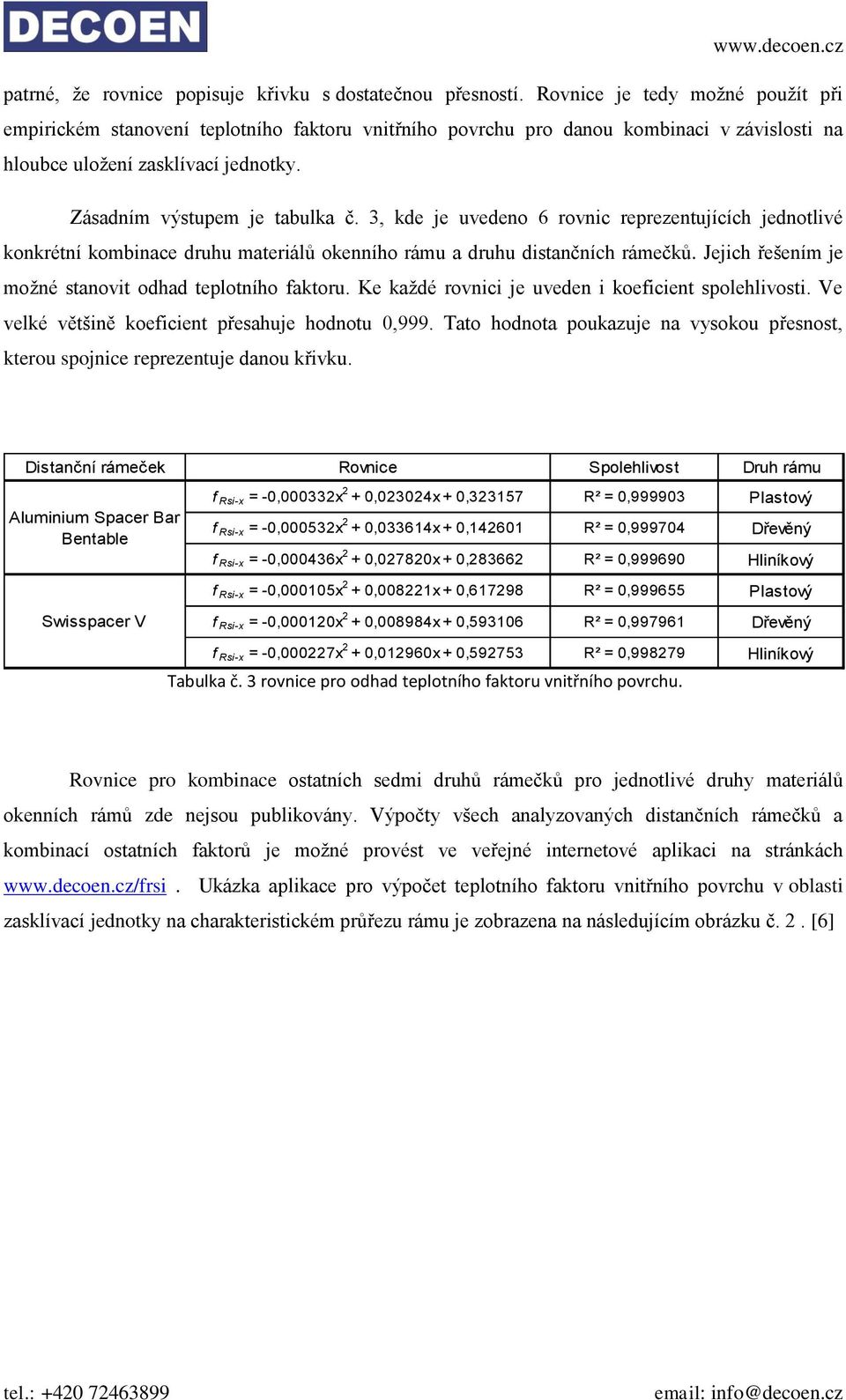 3, kde je uvedeno 6 rovnic reprezentujících jednotlivé konkrétní kombinace druhu materiálů okenního rámu a druhu distančních rámečků. Jejich řešením je možné stanovit odhad teplotního faktoru.