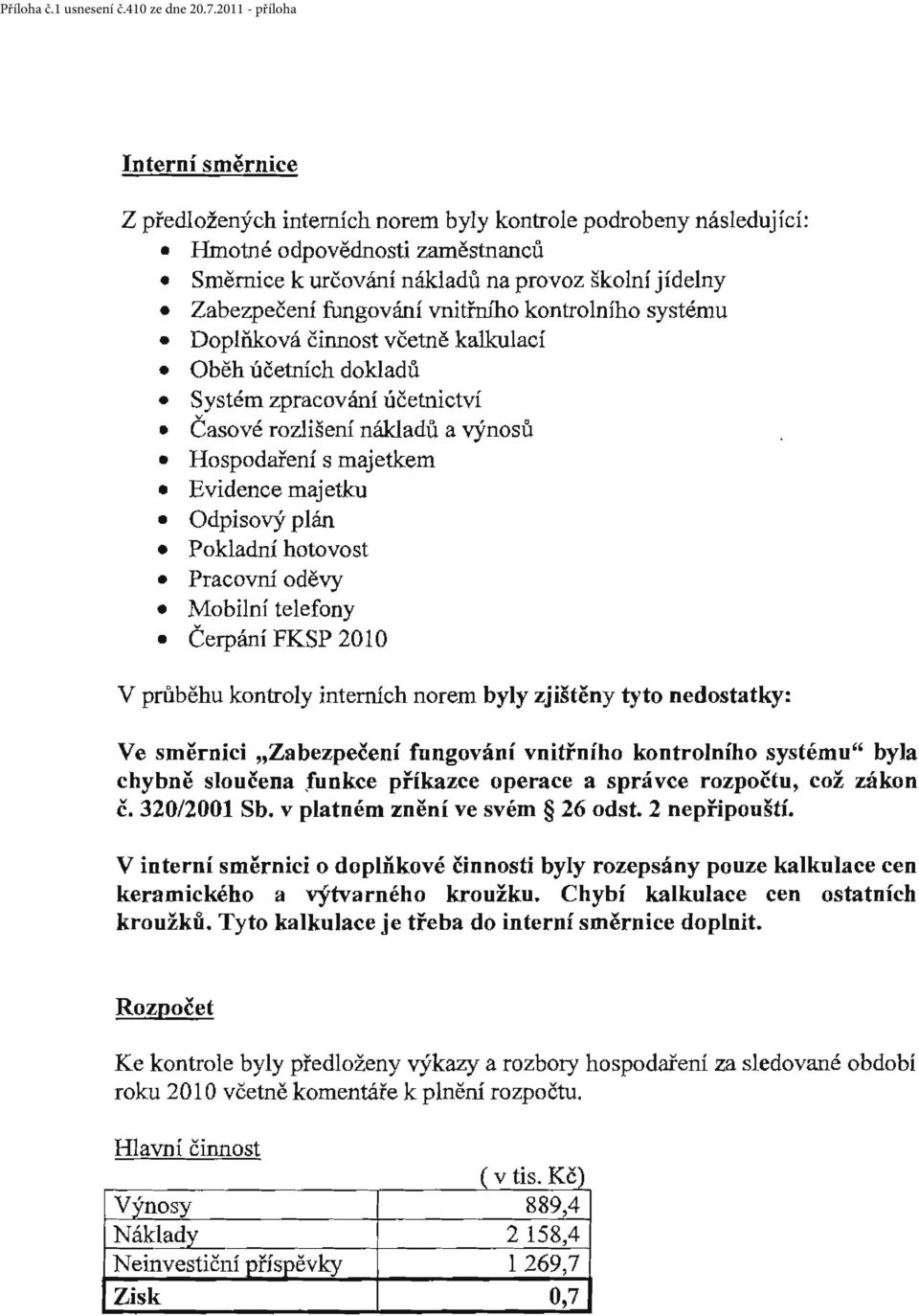 majetkem Evidence majetku Odpisvý plán Pkladní htvst Pracvní děvy Mbilní telefny Čerpání FKSP 201 O V průběhu kntrly interních nrem byly zjištěny tyt nedstatky: Ve směrnici Zabezpečení fungvání