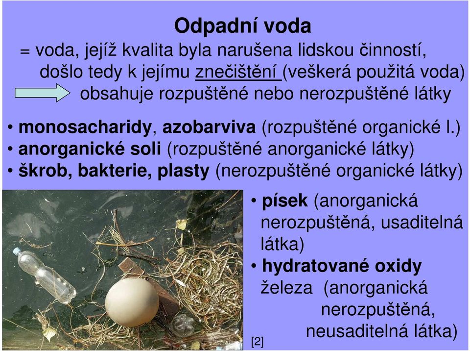 ) anorganické soli (rozpuštěné anorganické látky) škrob, bakterie, plasty (nerozpuštěné organické látky) písek