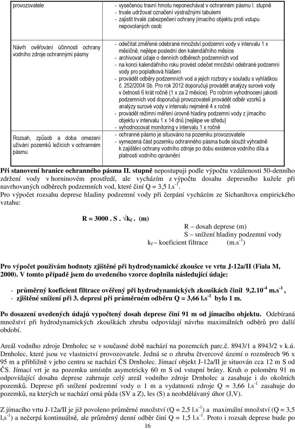 stupně - trvale udržovat označení výstražnými tabulemi - zajistit trvalé zabezpečení ochrany jímacího objektu proti vstupu nepovolaných osob - odečítat změřené odebrané množství podzemní vody v