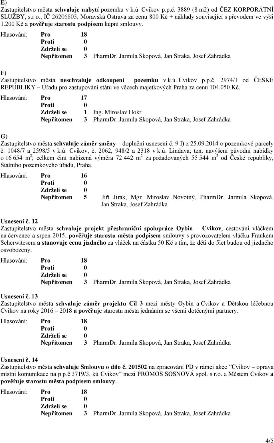 050 Kč. Zdrželi se 1 Ing. Miroslav Hokr G) Zastupitelstvo města schvaluje záměr směny doplnění usnesení č. 9 I) z 25.09.2014 o pozemkové parcely č. 1048/7 a 2598/5 v k.ú. Cvikov, č.