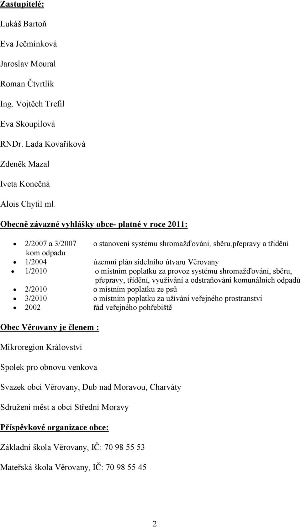 odpadu 1/2004 územní plán sídelního útvaru Věrovany 1/2010 o místním poplatku za provoz systému shromažďování, sběru, přepravy, třídění, využívání a odstraňování komunálních odpadů 2/2010 o místním
