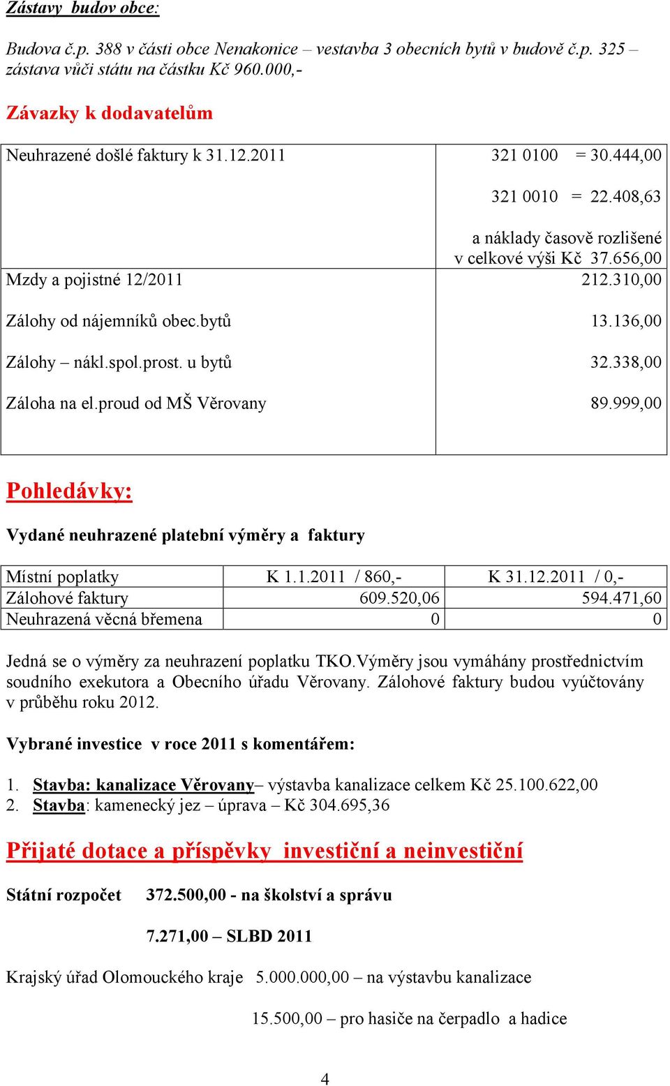 proud od MŠ Věrovany a náklady časově rozlišené v celkové výši Kč 37.656,00 212.310,00 13.136,00 32.338,00 89.999,00 Pohledávky: Vydané neuhrazené platební výměry a faktury Místní poplatky K 1.1.2011 / 860,- K 31.