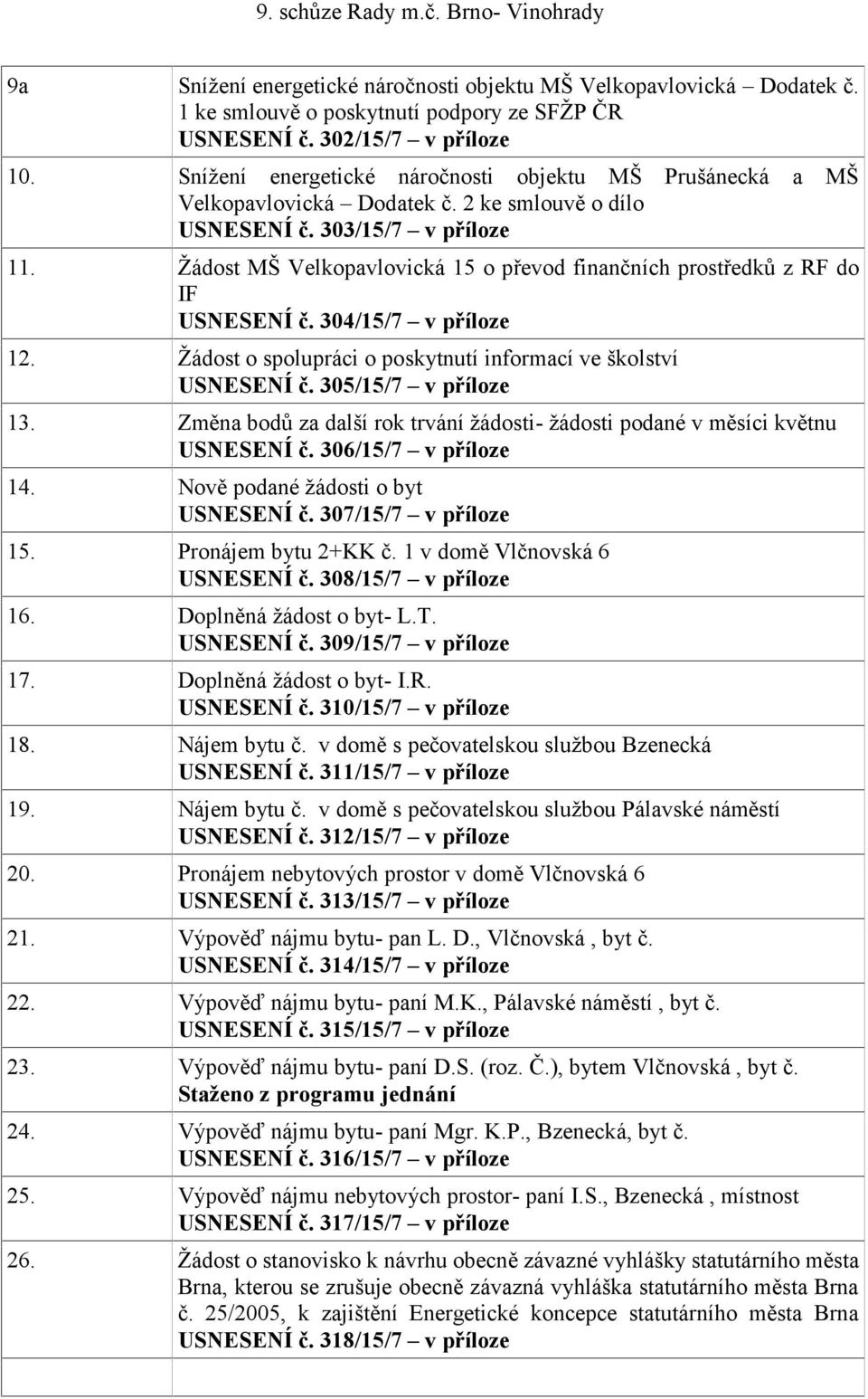 Žádost MŠ Velkopavlovická 15 o převod finančních prostředků z RF do IF USNESENÍ č. 304/15/7 v příloze 12. Žádost o spolupráci o poskytnutí informací ve školství USNESENÍ č. 305/15/7 v příloze 13.