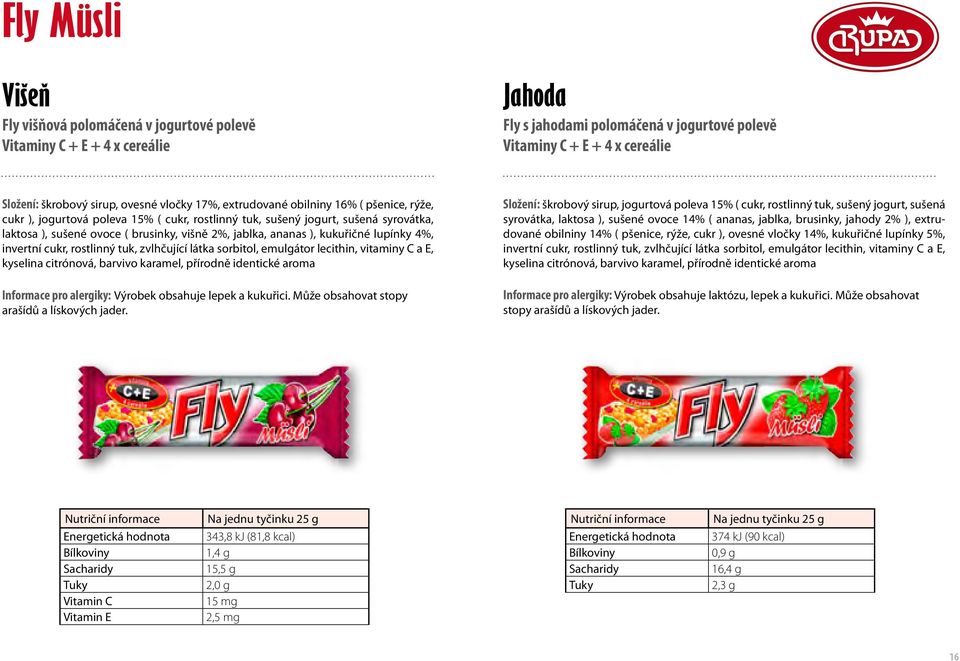 ananas ), kukuřičné lupínky 4%, invertní cukr, rostlinný tuk, zvlhčující látka sorbitol, emulgátor lecithin, vitaminy C a E, kyselina citrónová, barvivo karamel, přírodně identické aroma Informace