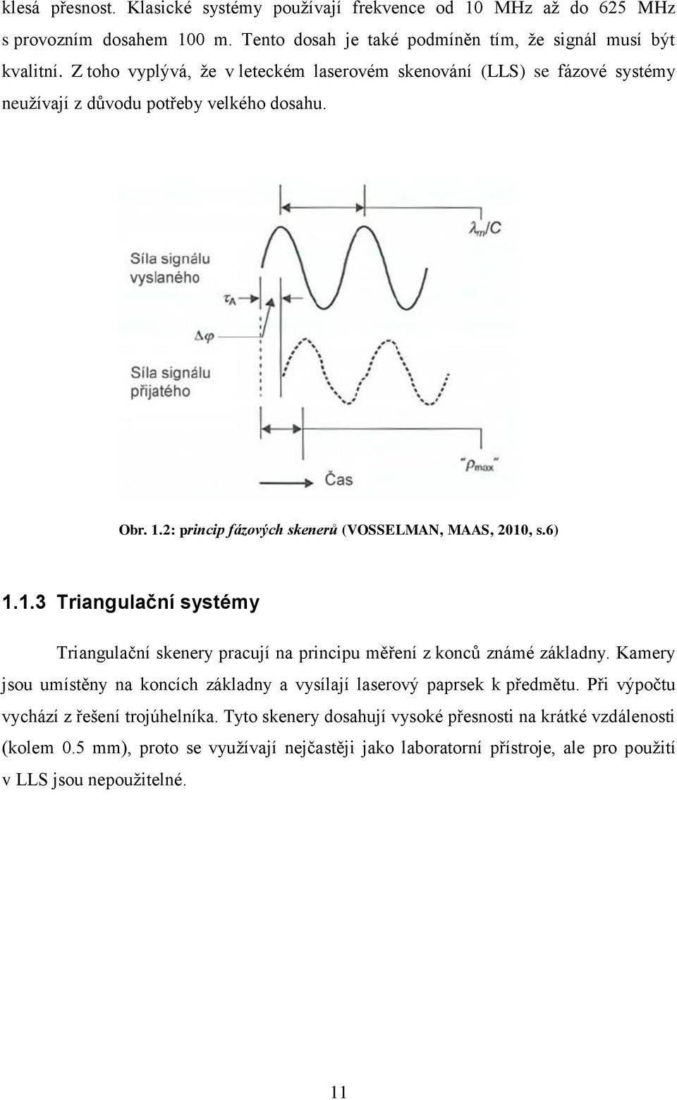 2: princip fázových skenerů (VOSSELMAN, MAAS, 2010, s.6) 1.1.3 Triangulační systémy Triangulační skenery pracují na principu měření z konců známé základny.