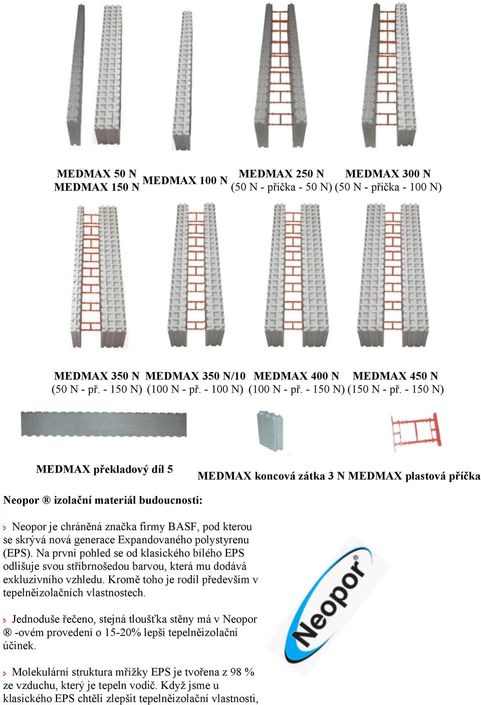 - 150 N) MEDMAX překladový díl 5 MEDMAX koncová zátka 3 N MEDMAX plastová příčka Neopor izolační materiál budoucnosti: Neopor je chráněná značka firmy BASF, pod kterou se skrývá nová generace