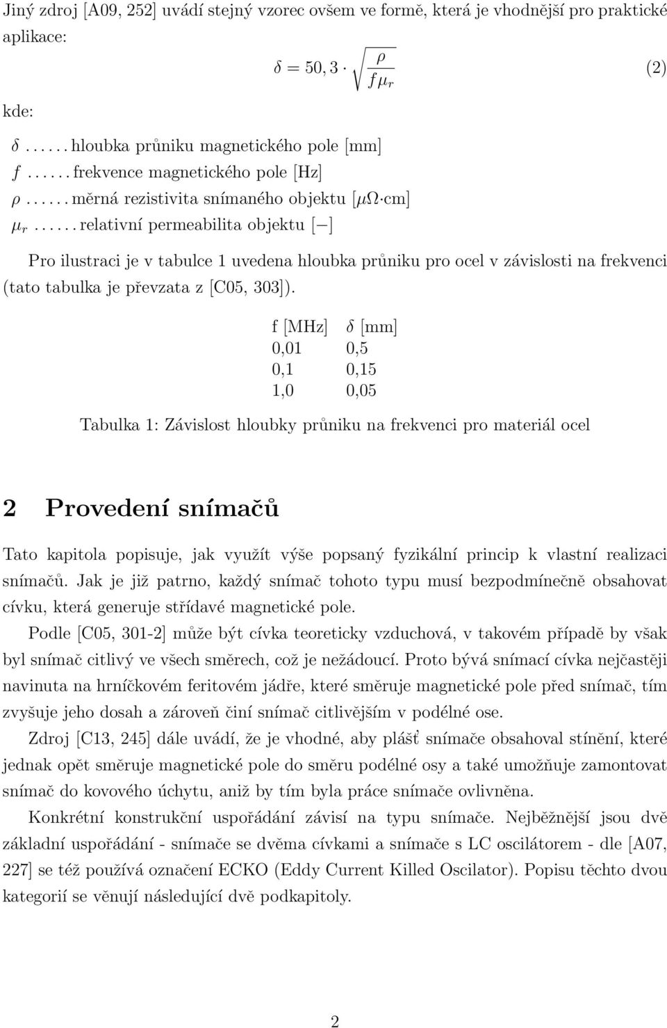 ..... relativní permeabilita objektu [ ] ρ δ = 50, 3 (2) fµ r Pro ilustraci je v tabulce 1 uvedena hloubka průniku pro ocel v závislosti na frekvenci (tato tabulka je převzata z [C05, 303]).