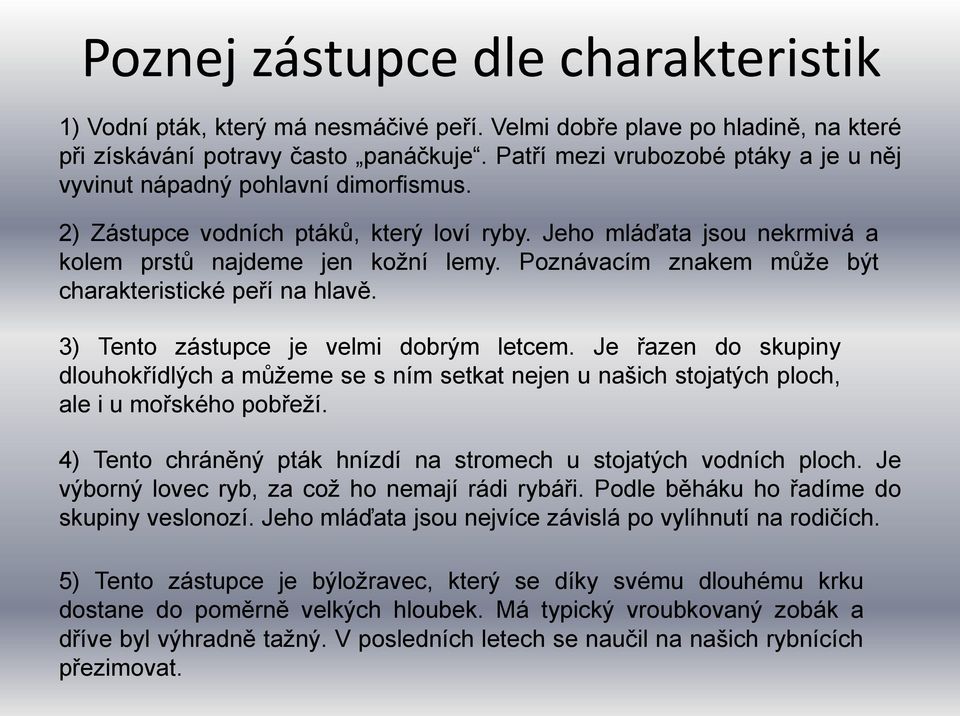 Poznávacím znakem může být charakteristické peří na hlavě. 3) Tento zástupce je velmi dobrým letcem.