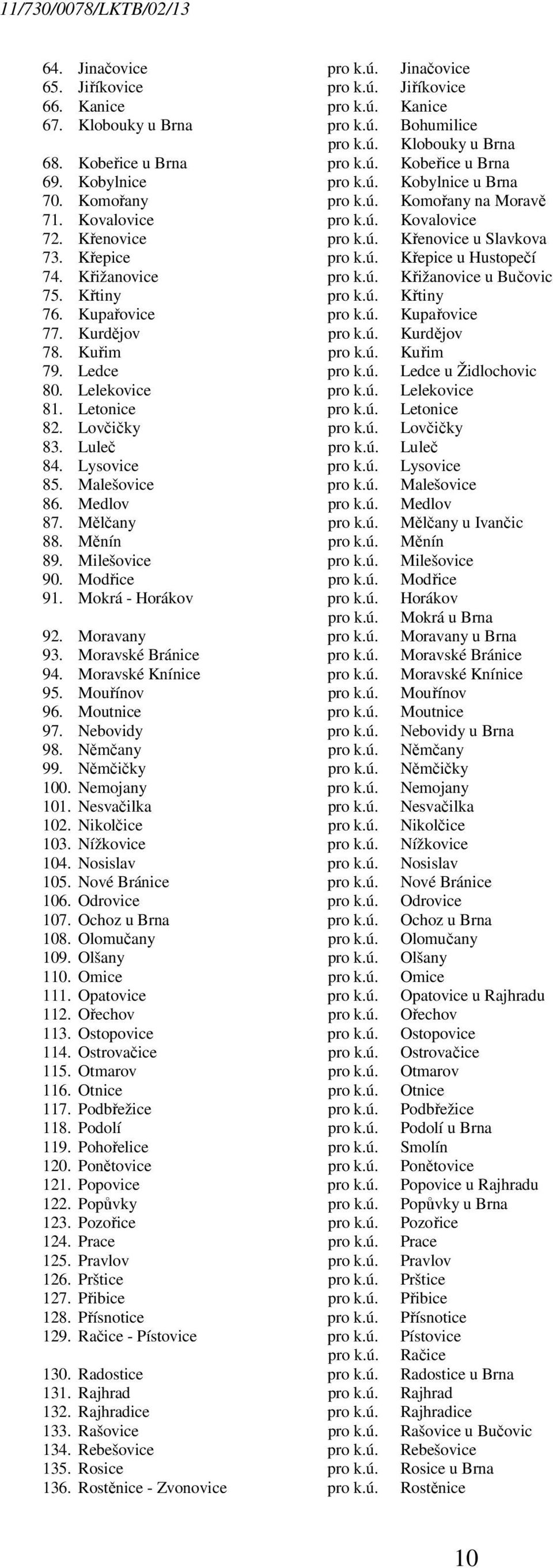 Křižanovice pro k.ú. Křižanovice u Bučovic 75. Křtiny pro k.ú. Křtiny 76. Kupařovice pro k.ú. Kupařovice 77. Kurdějov pro k.ú. Kurdějov 78. Kuřim pro k.ú. Kuřim 79. Ledce pro k.ú. Ledce u Židlochovic 80.