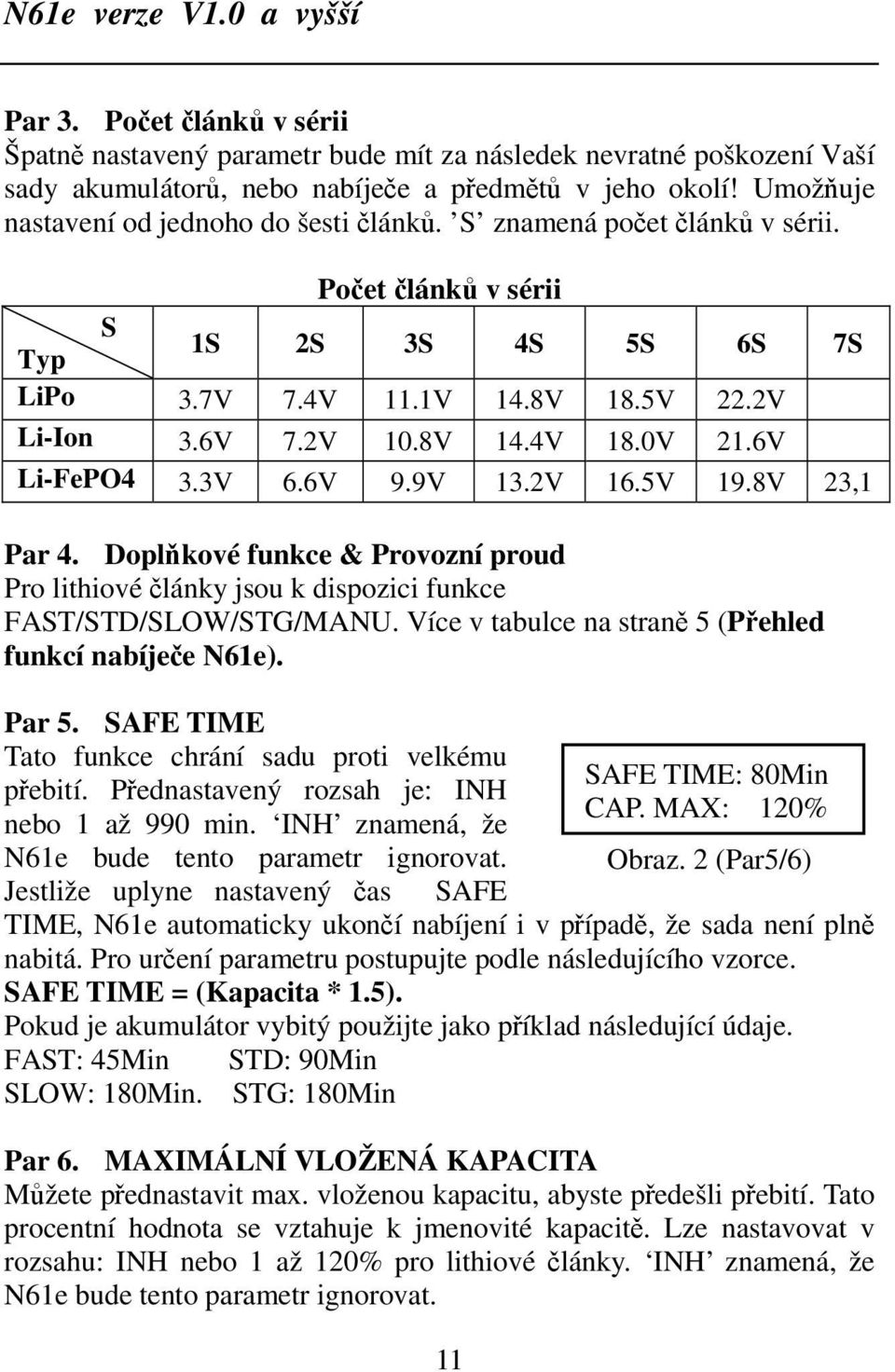 0V 21.6V Li-FePO4 3.3V 6.6V 9.9V 13.2V 16.5V 19.8V 23,1 Par 4. Doplňkové funkce & Provozní proud Pro lithiové články jsou k dispozici funkce FAST/STD/SLOW/STG/MANU.