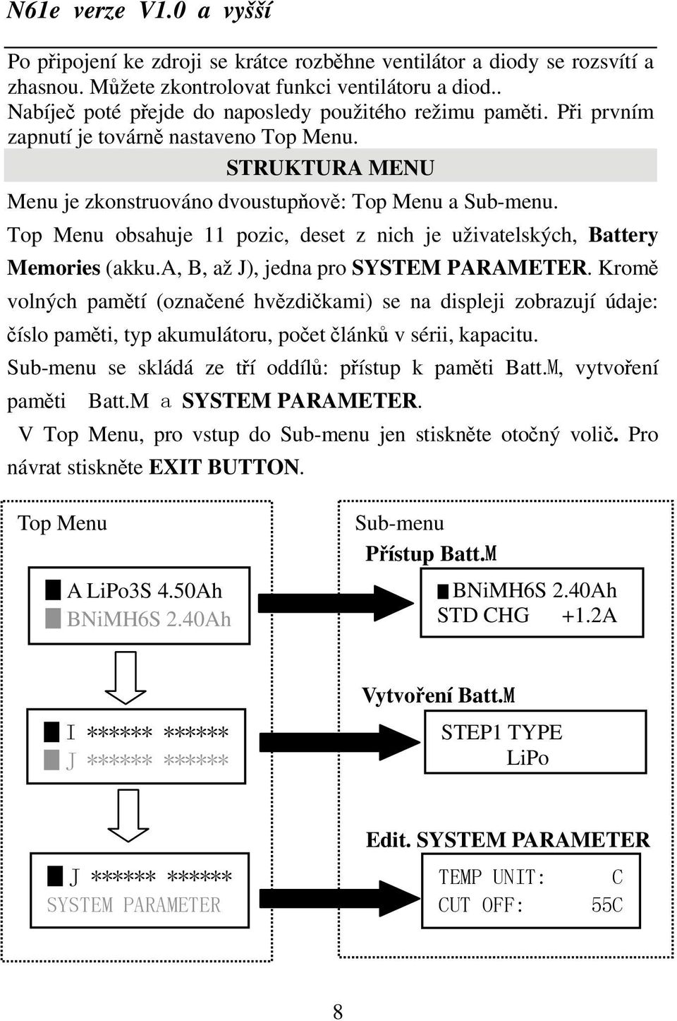 Top Menu obsahuje 11 pozic, deset z nich je uživatelských, Battery Memories (akku.a, B, až J), jedna pro SYSTEM PARAMETER.