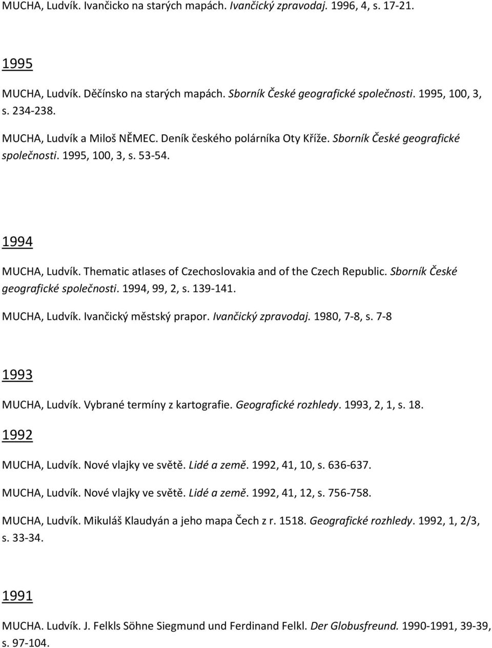 Thematic atlases of Czechoslovakia and of the Czech Republic. Sborník České geografické společnosti. 1994, 99, 2, s. 139-141. MUCHA, Ludvík. Ivančický městský prapor. Ivančický zpravodaj.