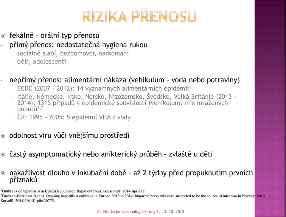 mražených bobulí) 1,2 - ČR: 1995 2005: 5 epidemií VHA z vody odolnost viru vůči vnějšímu prostředí častý asymptomatický nebo anikterický průběh zvláště u dětí nakažlivost dlouho v inkubační době - až