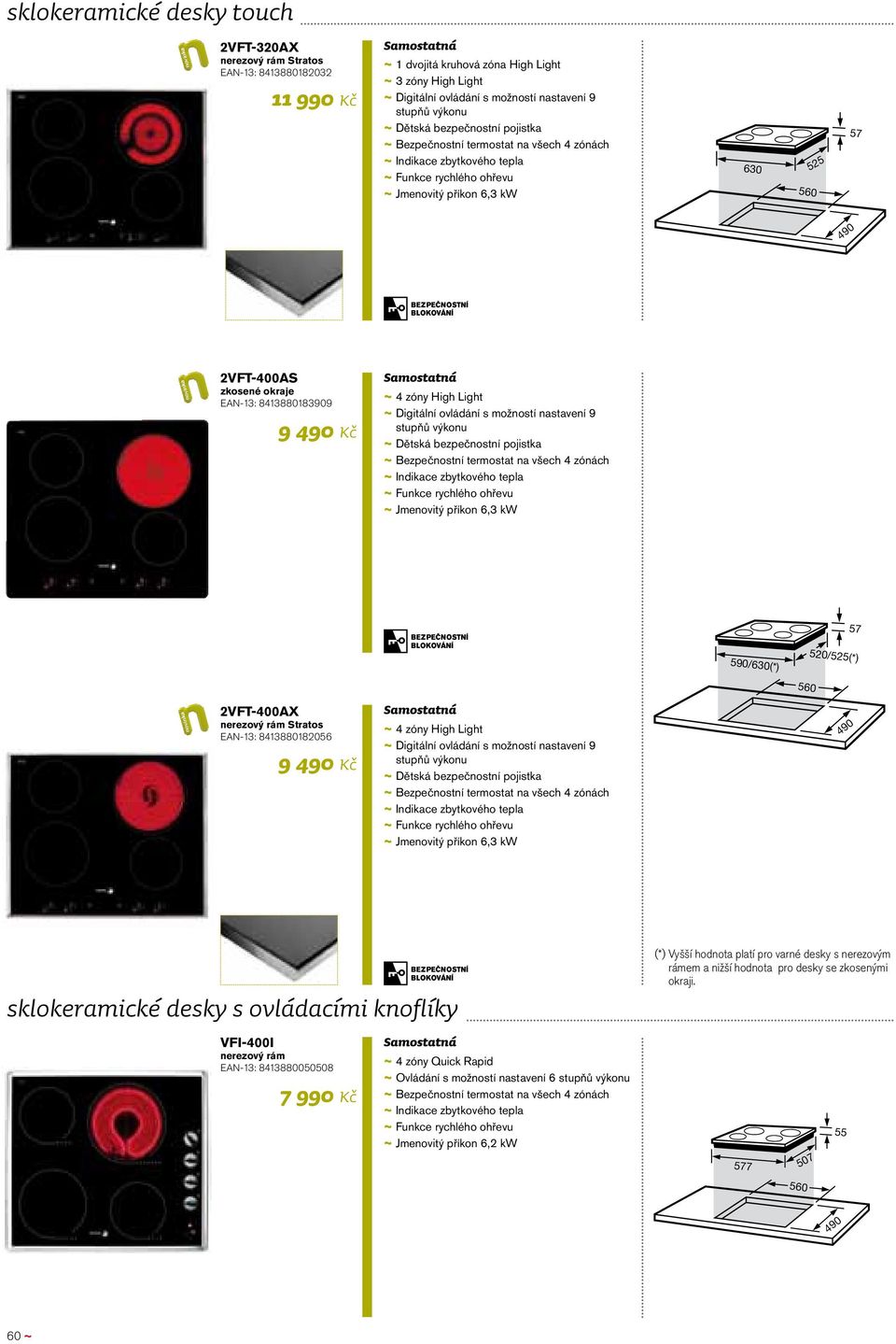 ~ Digitální ovládání s možností nastavení 9 ~ ~ Bezpečnostní termostat na všech 4 zónách ~ ~ Indikace zbytkového tepla ~ ~ Funkce rychlého ohřevu ~ ~ Jmenovitý příkon 6,3 kw 590/630(*) 57 520/525(*)