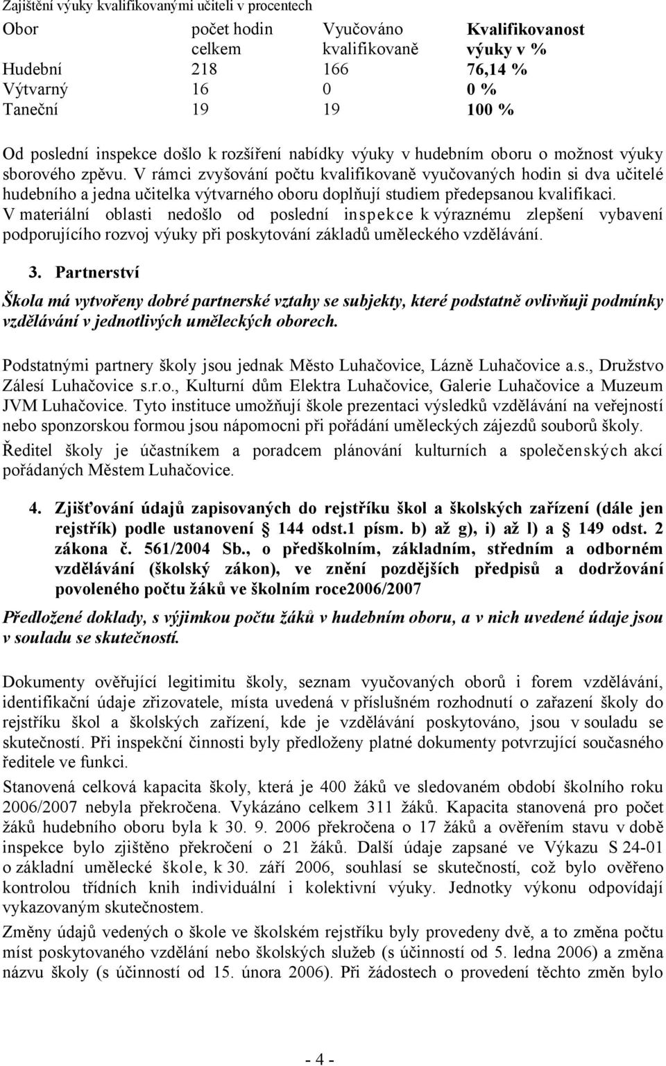 V rámci zvyšování počtu kvalifikovaně vyučovaných hodin si dva učitelé hudebního a jedna učitelka výtvarného oboru doplňují studiem předepsanou kvalifikaci.