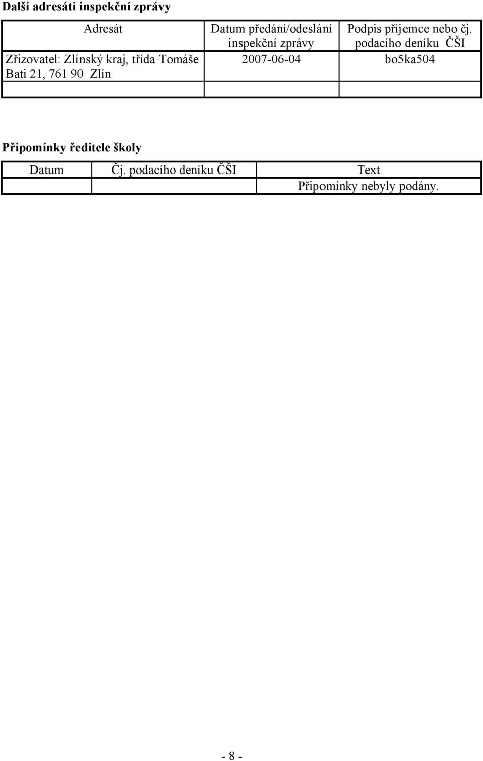 inspekční zprávy podacího deníku ČŠI 2007-06-04 bo5ka504 Připomínky