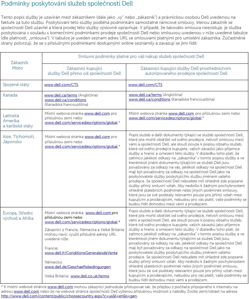 V případě, že takováto smlouva neexistuje, je služba poskytována v souladu s komerčními podmínkami prodeje společnosti Dell nebo smlouvou uvedenou v níže uvedené tabulce (dle platnosti, smlouva ).