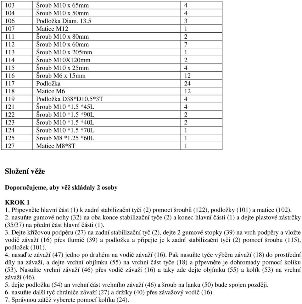 Podložka D38*D10.5*3T 4 121 Šroub M10 *1.5 *45L 4 122 Šroub M10 *1.5 *90L 2 123 Šroub M10 *1.5 *40L 2 124 Šroub M10 *1.5 *70L 1 125 Šroub M8 *1.