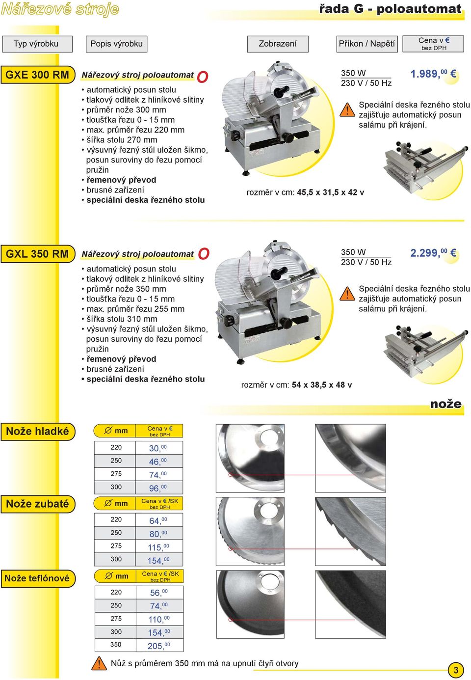 989, 00 Speciální deska řezného stolu zajišťuje automatický posun salámu při krájení. GXL 350 RM Nářezový stroj poloautomat automatický posun stolu průměr nože 350 mm max.