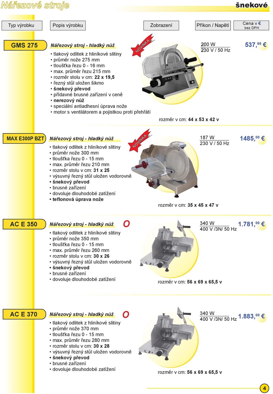 proti přehřátí NVINKA 200 W rozměr v cm: 44 x 53 x 42 v 537, 66 MAX E300P BZT Nářezový stroj - hladký nůž průměr nože 300 mm max.