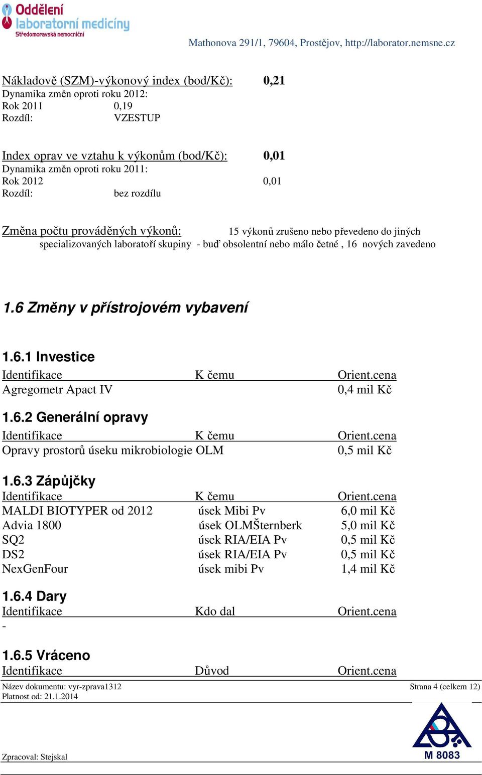 6 Změny v přístrojovém vybavení 1.6.1 Investice Identifikace K čemu Orient.cena Agregometr Apact IV 0,4 mil Kč 1.6.2 Generální opravy Identifikace K čemu Orient.