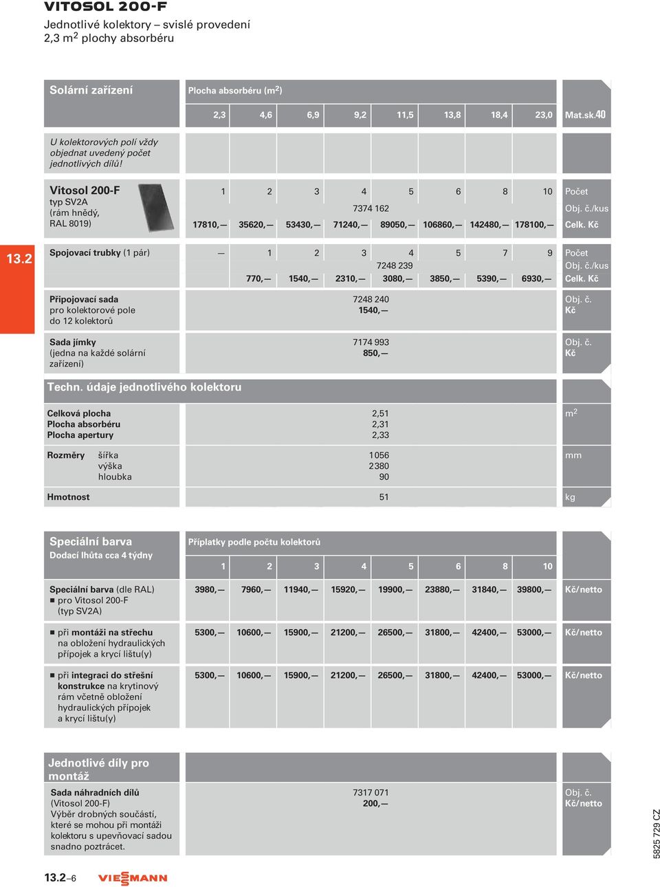 Vitosol 200-F 1 2 3 4 5 6 8 10 Počet typ SV2A (rám hnědý, 7374 162 /kus RAL 8019) 17810, 35620, 53430, 71240, 89050, 106860, 142480, 178100, Celk. 13.