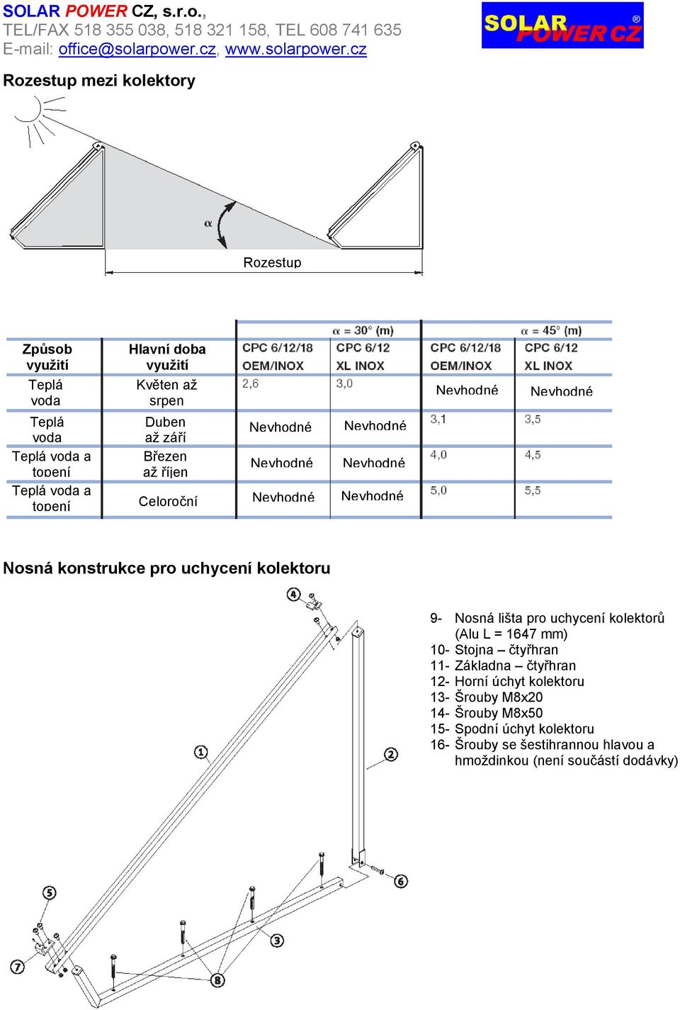 pro uchycení kolektoru 9- Nosná lišta pro uchycení kolektorů (Alu L = 1647 mm) 10- Stojna čtyřhran 11- Základna čtyřhran 12- Horní úchyt