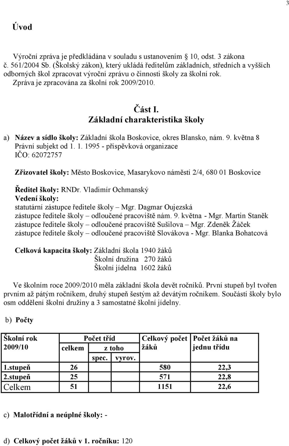 Základní charakteristika školy a) Název a sídlo školy: Základní škola Boskovice, okres Blansko, nám. 9. května 8 Právní subjekt od 1.