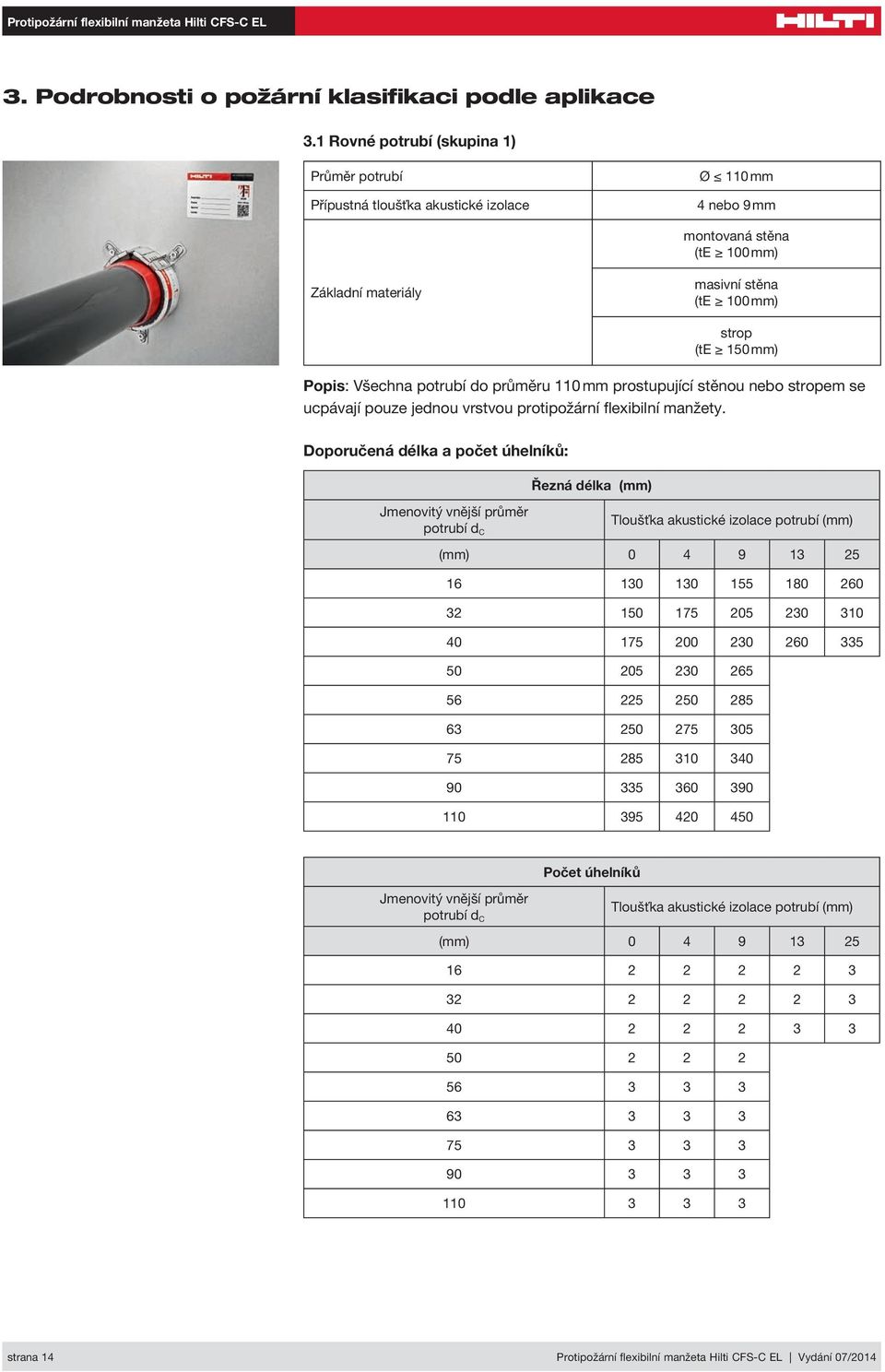 průměru 110 mm prostupující stěnou nebo stropem se ucpávají pouze jednou vrstvou protipožární flexibilní manžety.