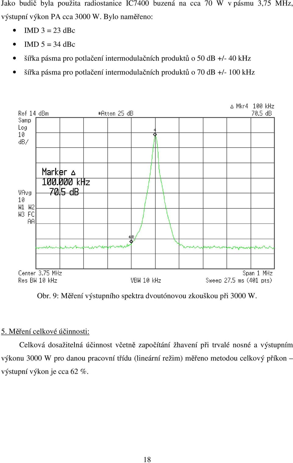 intermodulačních produktů o 70 db +/- 100 khz Obr. 9: Měření výstupního spektra dvoutónovou zkouškou při 3000 W. 5.