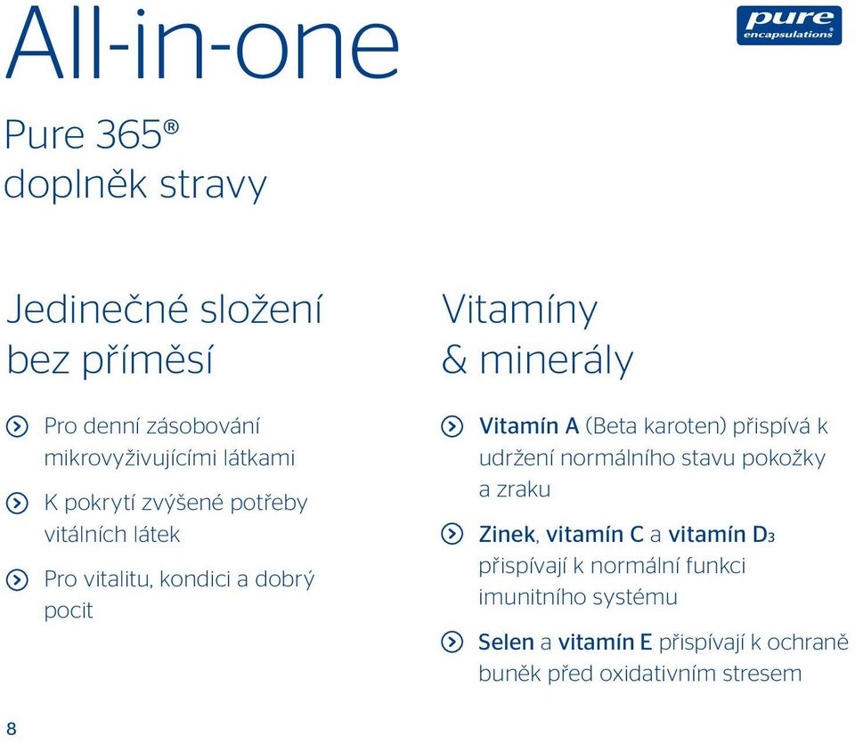 Vitamín A (Beta karoten) přispívá k udržení normálního stavu pokožky a zraku Zinek, vitamín C a vitamín D3