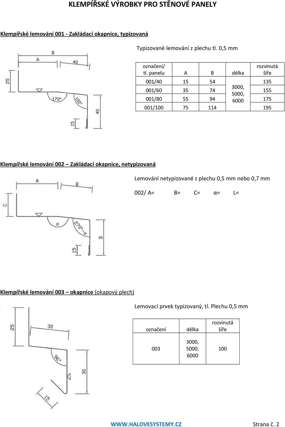 panelu A B délka rozvinutá 001/40 15 54 135 001/60 35 74 155 001/80 55 94 175 001/100 75 114 195 Klempířské lemování 002 Zakládací