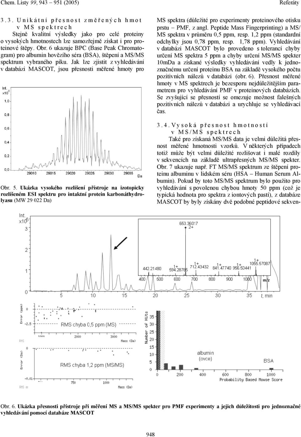 5. Ukázka vysokého rozlišení přístroje na izotopicky rozlišeném ESI spektru pro intaktní protein karbonáthydrolyasu (MW 29 022 Da) MS spektra (důležité pro experimenty proteinového otisku prstu PMF,