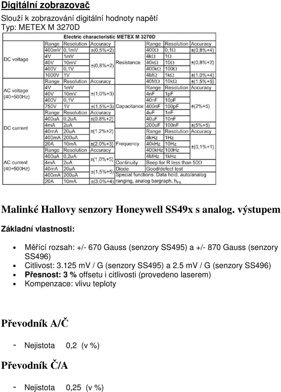 výstupem Základní vlastnosti: Měřící rozsah: +/- 670 Gauss (senzory SS495) a +/- 870 Gauss (senzory SS496)