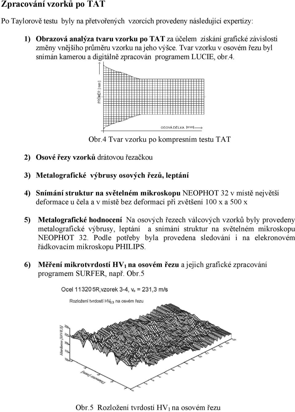 4 Tvar vzrku p kmpresním testu TAT 3) Metalgrafické výbrusy svých řezů, leptání 4) Snímání struktur na světelném mikrskpu NEOPHOT 32 v místě největší defrmace u čela a v místě bez defrmací při
