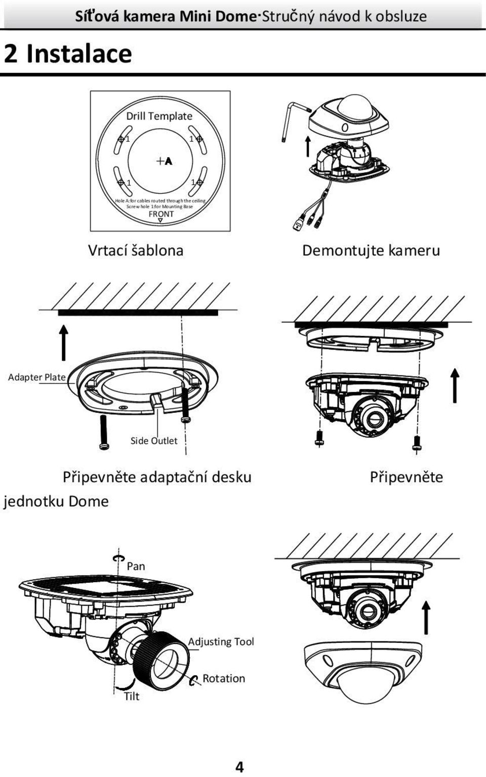 FRONT Vrtací šablona Demontujte kameru Adapter Plate Side Outlet Připevněte