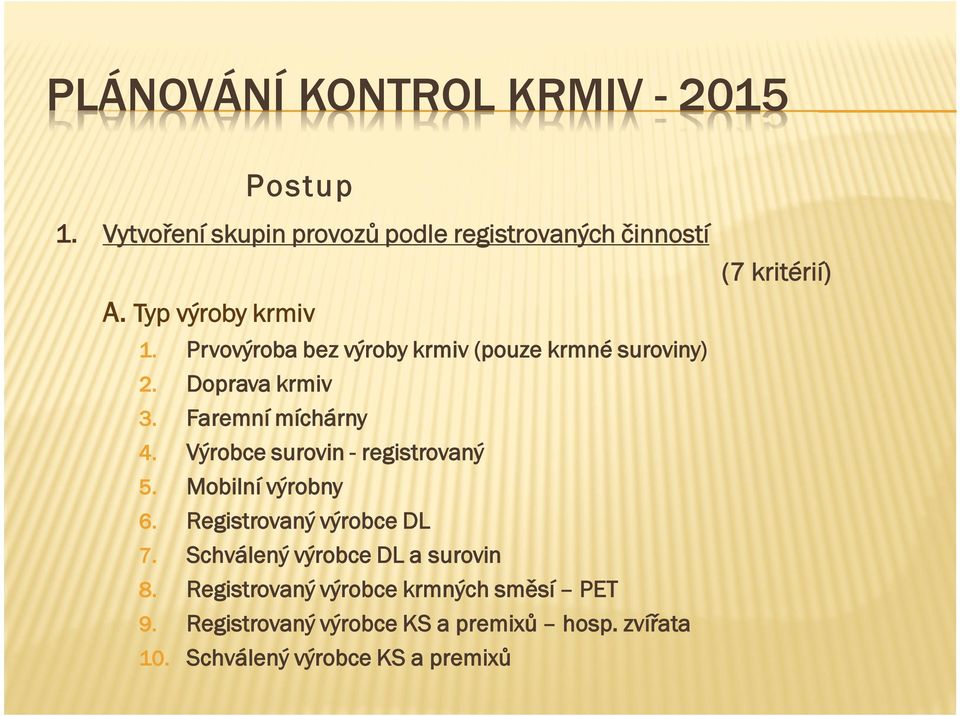 Výrobce surovin - registrovaný 5. Mobilní výrobny 6. Registrovaný výrobce DL 7.