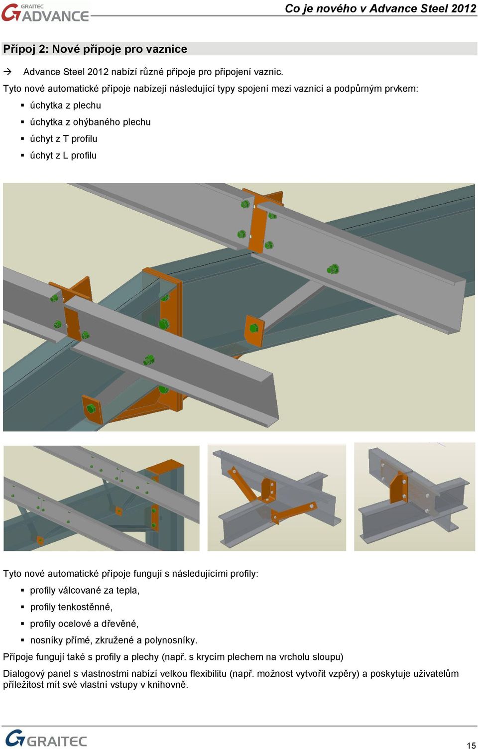 profilu Tyto nové automatické přípoje fungují s následujícími profily: profily válcované za tepla, profily tenkostěnné, profily ocelové a dřevěné, nosníky přímé, zkružené a