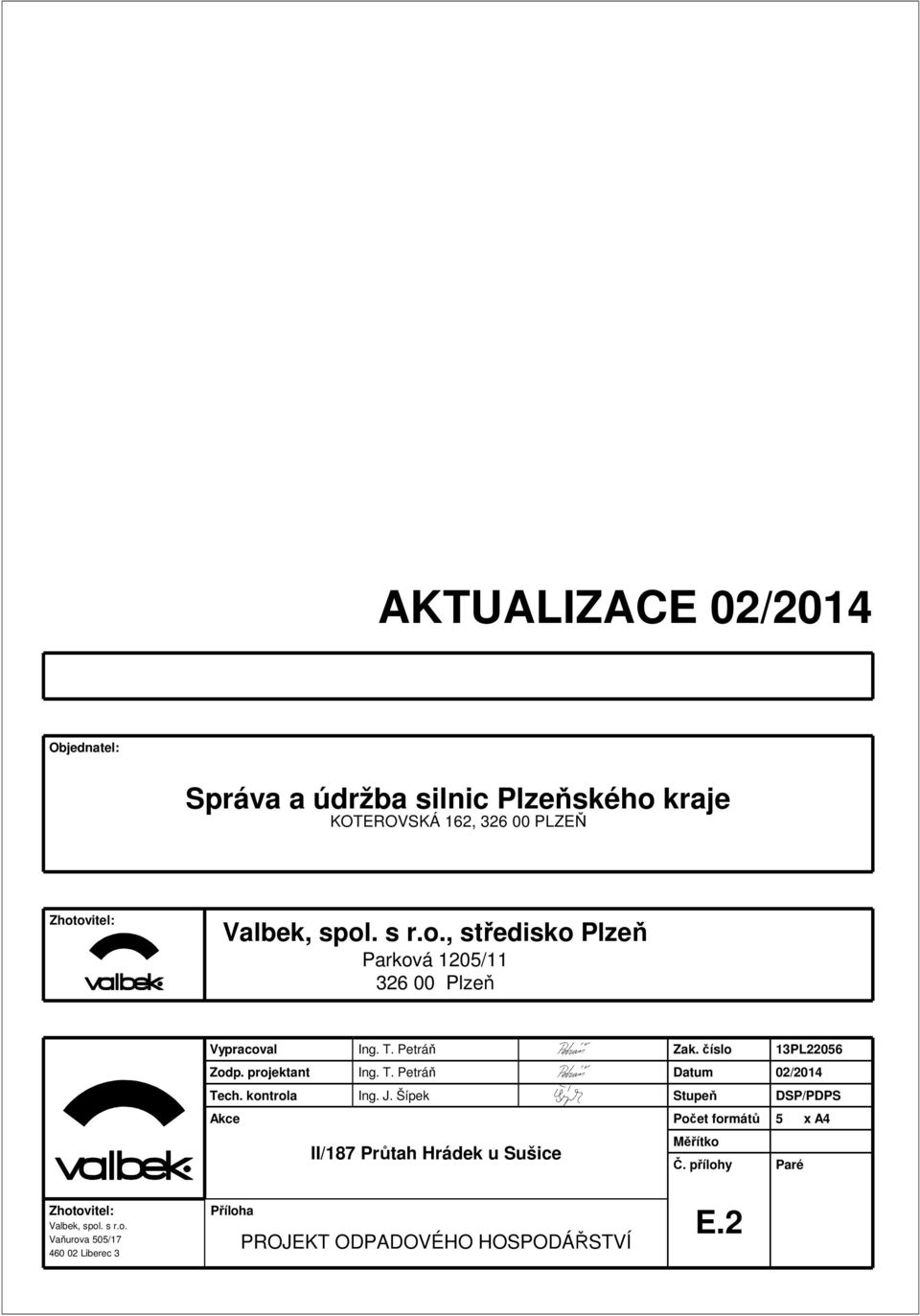 kontrola Ing. J. Šípek Akce II/187 Průtah Hrádek u Sušice Zak. číslo Datum Stupeň Počet formátů Měřítko Č.