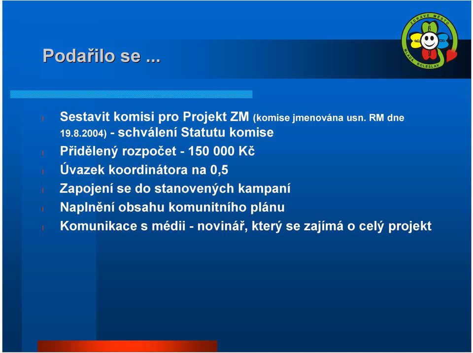 2004) -schválení Statutu komise Přidělený rozpočet - 150 000 Kč Úvazek