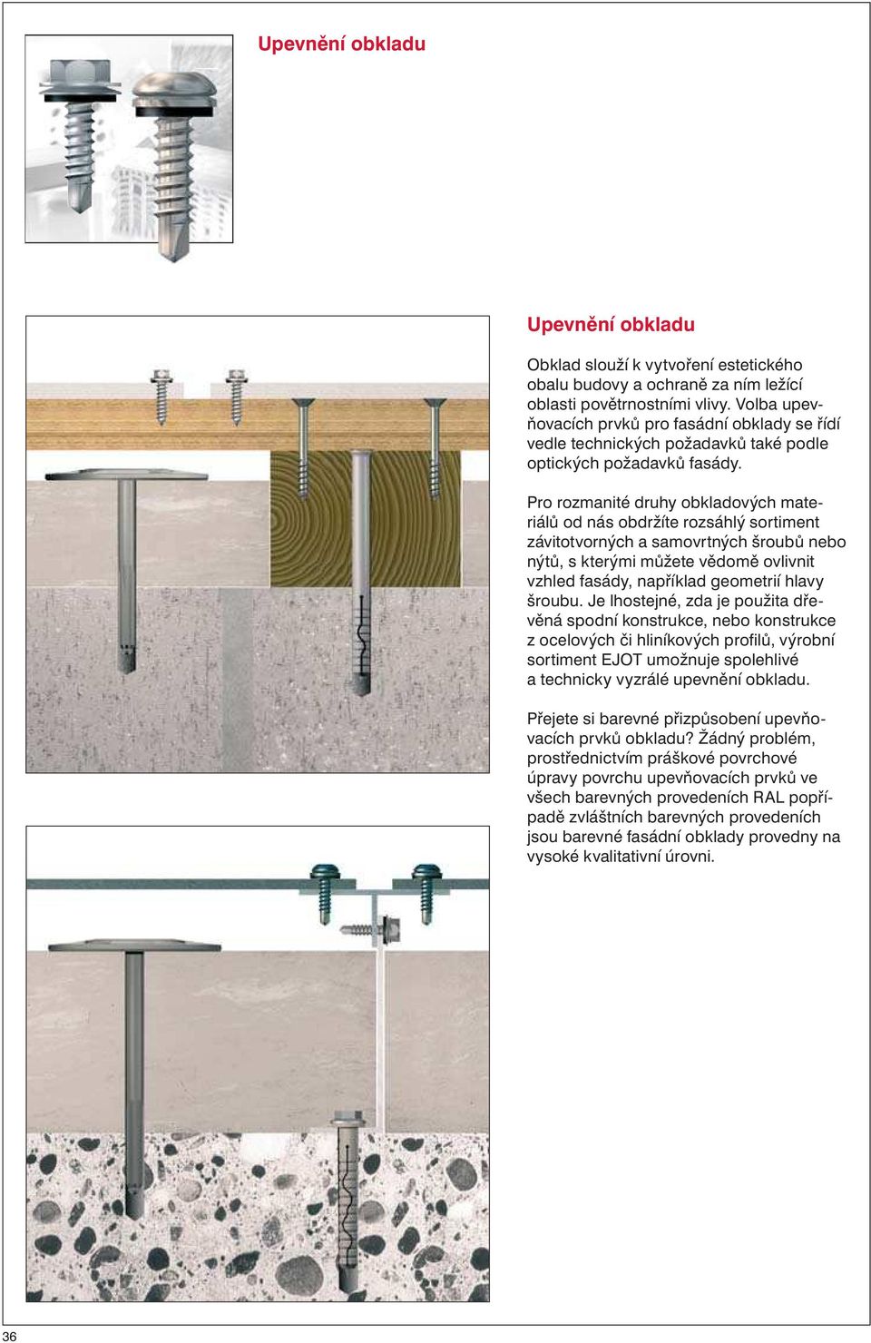 Pro rozmanité druhy obkladových materiálů od nás obdržíte rozsáhlý sortiment závitotvorných a samovrtných šroubů nebo nýtů, s kterými můžete vědomě ovlivnit vzhled fasády, například geometrií hlavy